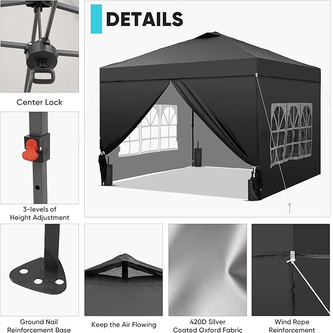 GDY 12x12 Pop Up Canopy Tent with 4 Sidewalls Easy Set up with One Push Lift Gazebo with Wheel Bag and4 SandbagsCarpas for Events PartiesCamping Black.