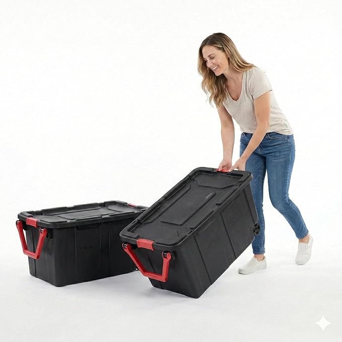 40 Gallon Plastic Storage Box with Wheels and Lids Stackable Industrial Tote Pack of 2 (Black)