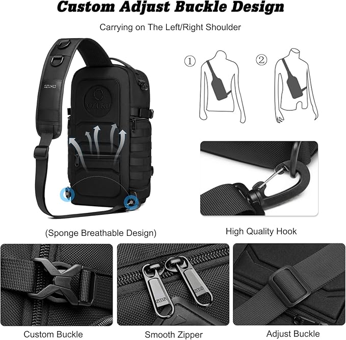 FANDARE Tactical Sling Bag Crossbody Backpack with Tripod Holder Chest Shoulder bag for Men One Strap Motorcycle Chest Pack for Travel Hiking Waterproof Satchel Bag fit 10.5 inch tablet Blue