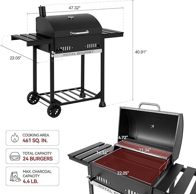 Royal Gourmet CD1824ET Movable Charcoal BBQ Grill with Foldable Side Tables Outdoor Barbecue Grill with 470 Sq. In. Cooking Area for Outdoor Picnic and Camping Grilling Black