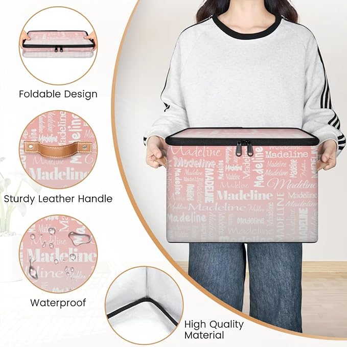 Custom Storage Basket with Name Personalized Keepsake Box with Zipper Lid Foldable Fabric Memory Bin Large capacity with Handle Pink White