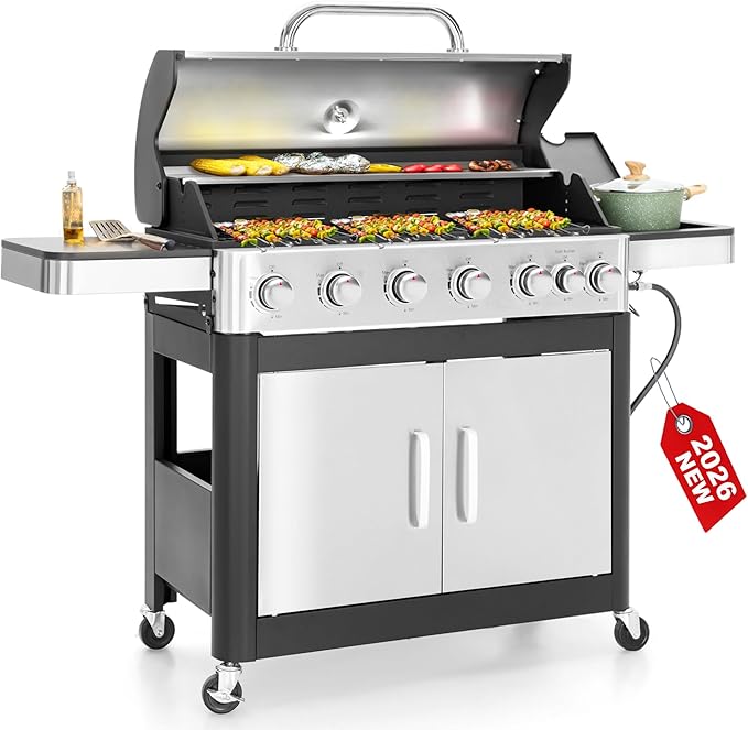 6 Burner Propane Gas BBQ Grill with Side Burner &amp Porcelain-Enameled Cast Iron Grate 65800 BTUs Barbecue Grill 665 Sq. In. Grilling Area Outdoor Propane Grill for Camping Patio Backyard Cooking