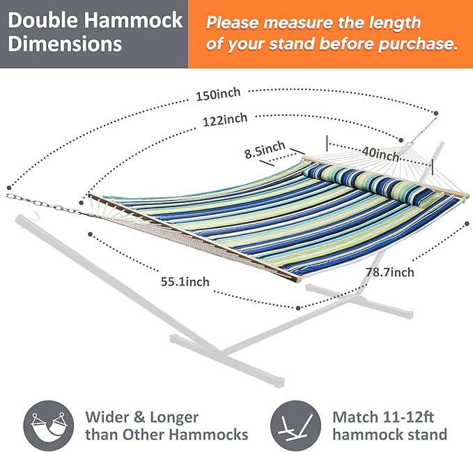 SUNCREAT 2 Person Hammocks for Trees Lightweight Hammock for Outdoor Patio Garden Backyard Green Stripes