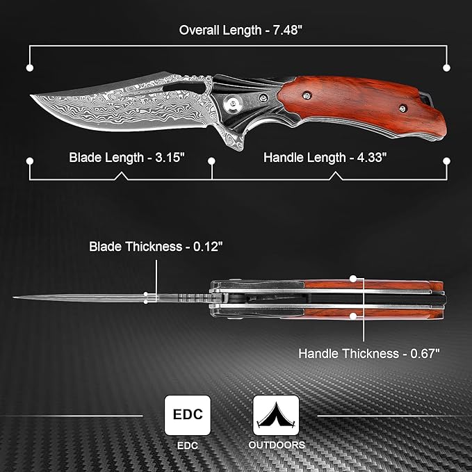 Zingbee Damascus Pocket Knife for Men Women Wood Handle Folding Knife with Sheath 3.15 Damascus Steel Blade Pocket Knives for Outdoor
