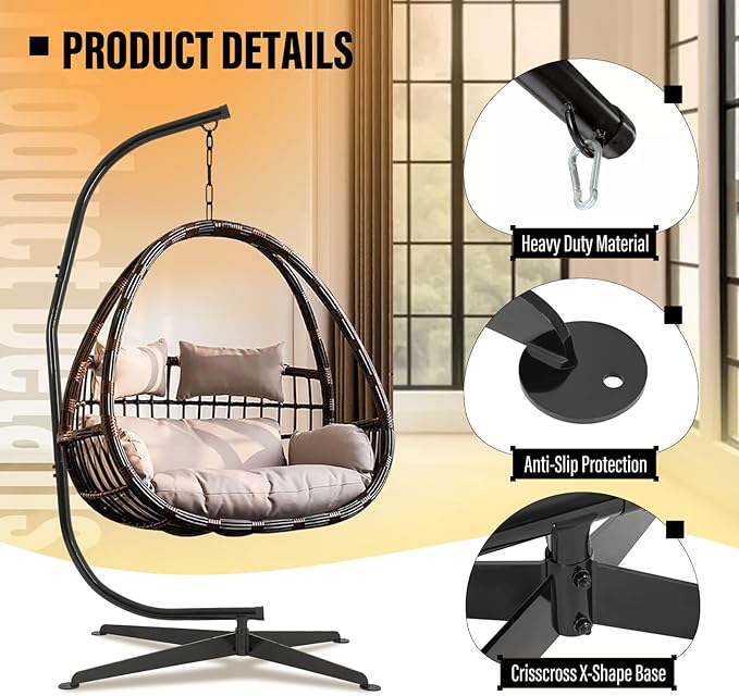 ECOTRIC Hanging Hammock Chair Stand Swing Chair Stand for Indoor/Outdoor C-Type Porch Swing Hanging Chair 330LBS Capacity Heavy Duty Steel Black (Stand Only)