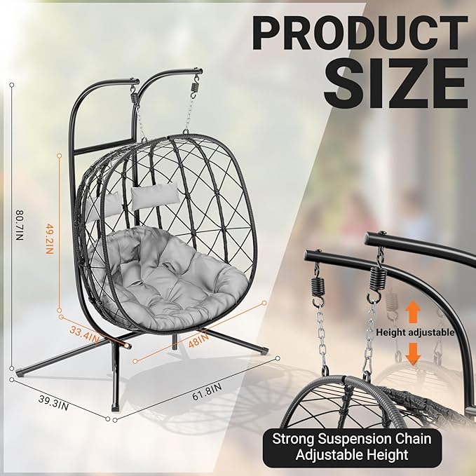 CHABATREE Double Egg Swing Chair with Stand - 2 Person Outdoor Patio Hanging Wicker Hammock Chair with Cushion Dark Grey for Garden Lawn Bedroom Indoor/Outdoor Use