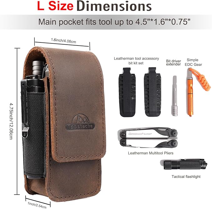 Topstache Multitool Sheath for Men - Belt Leather Multitool Holster - EDC Belt Organizer for Leatherman Gerber - Magnetic Closure Multitool Pouch Fits Folding Tool Darkbrown