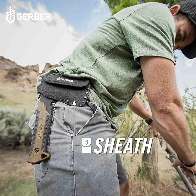 Gerber Gear Pack Hatchet - 3.5 Steel Blade Axe with Full Tang - Survival Bushcraft and Camping Gear - with Mountable Nylon Sheath - Brown