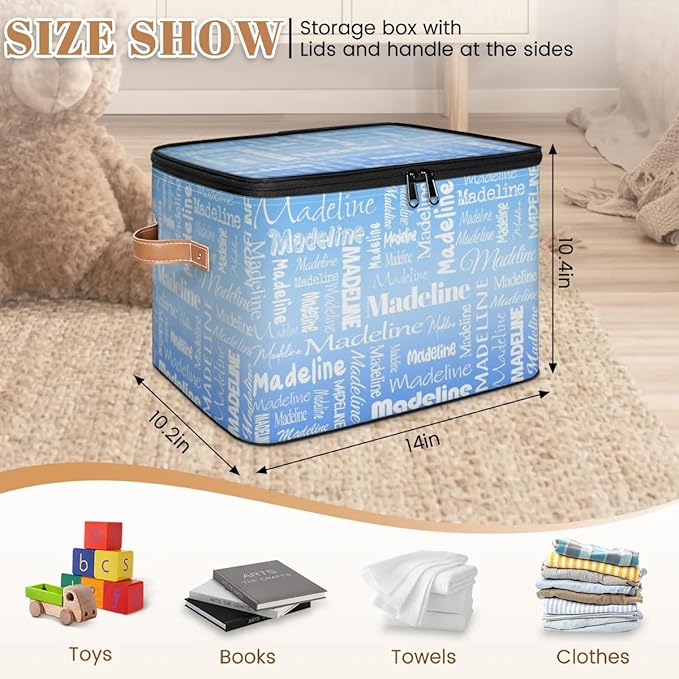 Custom Storage Basket with Name Personalized Keepsake Box with Zipper Lid Foldable Fabric Memory Bin Large capacity with Handle Blue