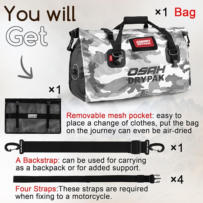 Waterproof Duffel Bag - Motorcycle Dry Bag Tail Bag with Large Storage Space Waterproof Luggage Duffle Bags with Outer Mesh Zipper Pocket for Camping Kayaking Fishing &amp Traveling