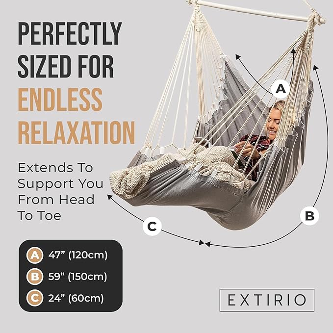 Hanging Hammock Chair Swing – Hanging Chair Outdoor &amp Indoor - Hammock Swing Chair – Quick &amp Easy Setup with Hardware Kit – Durable &amp Spacious Full Body Support with 2 Plush Cushions – Hol
