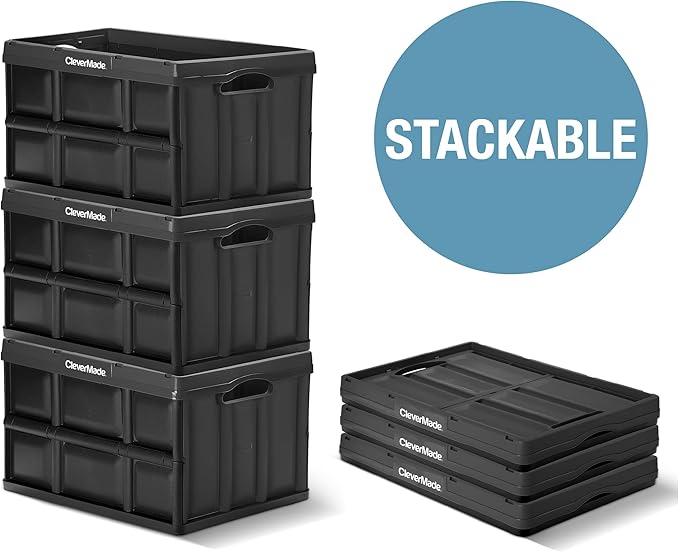 CleverMade Collapsible Storage Bins - Obsidian 3 Pack 46L - Stackable Containers Heavy Duty Capacity Folding Crates - Space-Saving for Home