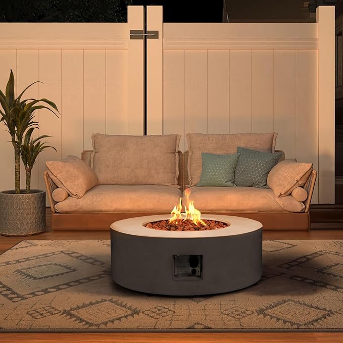 36-inch Outdoor Propane Fire Pit Table 50000 BTU Natural Gas Firepit Round Concrete Fire Table with Steel Lid Natural Gas Orifice Lava Rocks Rain Cover for Outside Patio Deck Backyard