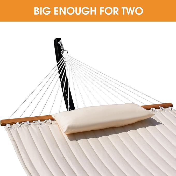 Lazy Daze Hammocks 12 FT 2 Person Double Quilted Hammock with Curved Steel Heavy Duty Stand and Pillow for Outside Backyard Patio 450 Lbs Capacity Cream