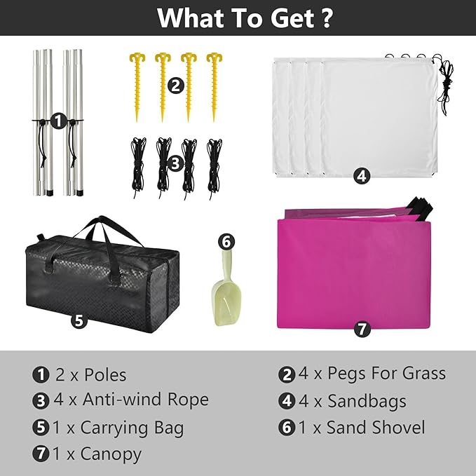 Rose Red Gradient Foldable Beach Canopy UPF50+ Easy Setup Large Portable Sun Shelter Includes Sand Shovel Sandbags Stability Poles for Backyard and Camping