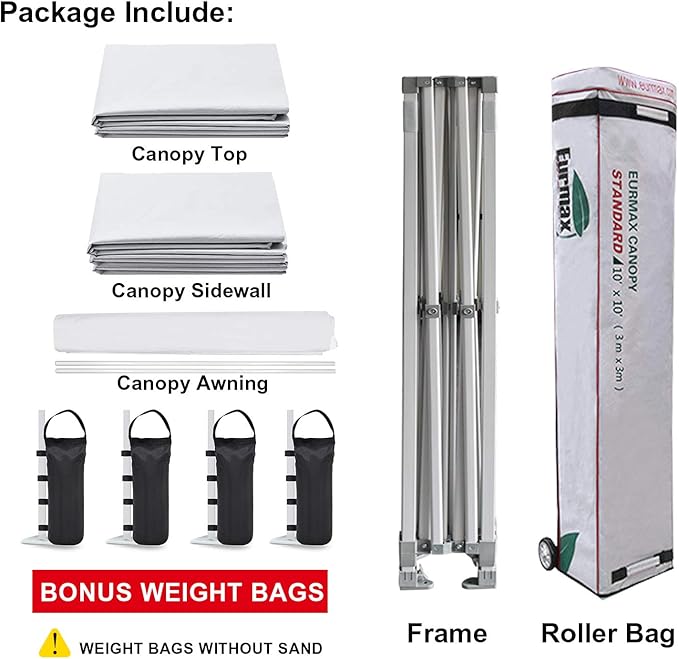 Eurmax USA 10x10 Pop Up CanopyCommercial Tent with Patented No-Tip Rolling Bag24sqft Extension Awning &amp 4 Zippered Removable WallsUV &amp Water ResistantHeavy Duty Instant Shelter GazeboWhit