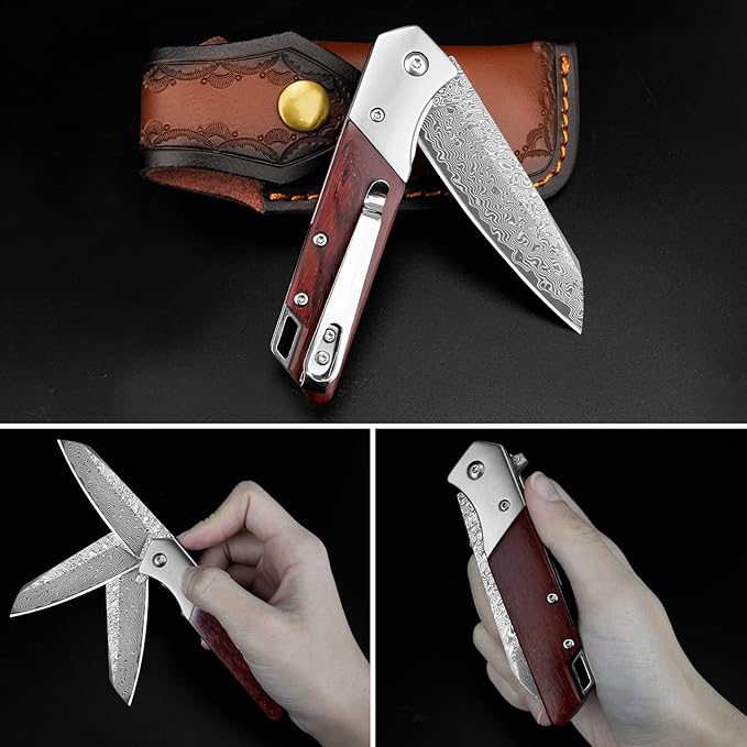 KOMWERO Damascus Pocket Knife with Clip Leather Sheath 3.14 inch Sharp Damascus Steel Knife with Rosewood Handle EDC Damascus Folding Knife for Men Women Camping Collection