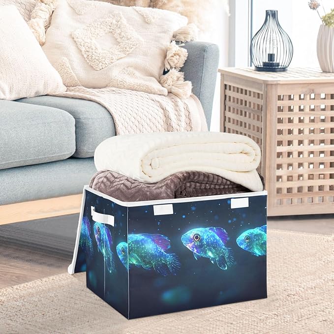 Storage Cube with Lid Glowing Fishes Print 16.5×12.6×11.8 IN Collapsible Large Capacity Foldable Storage Basket Bin Organizer