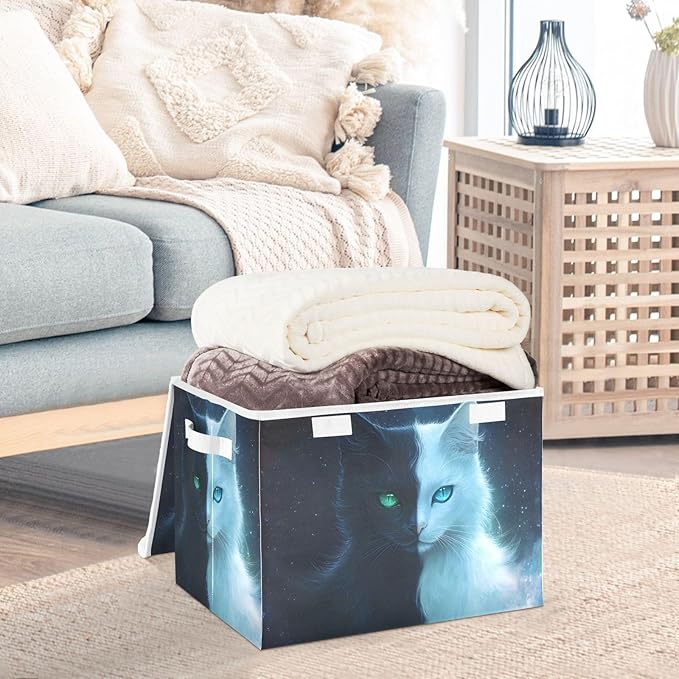 Two Face Cat Storage Cube Bins Basket with Lid Collapsible Flip-top Fabric with Handle for Home Bedroom Closet Office 16.5×12.6×11.8 in