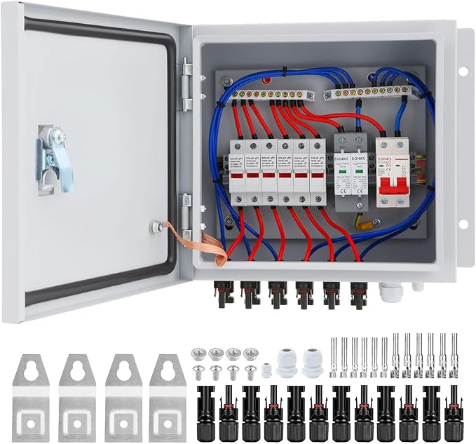 Doniks 6 String Metal Solar Combiner Box IP65 Waterproof PV Combiner Box with 20A Rated Current Fuse 63A Air Circuit BreakerLightning Arrester Metal Box for On/Off Grid Solar Panel System