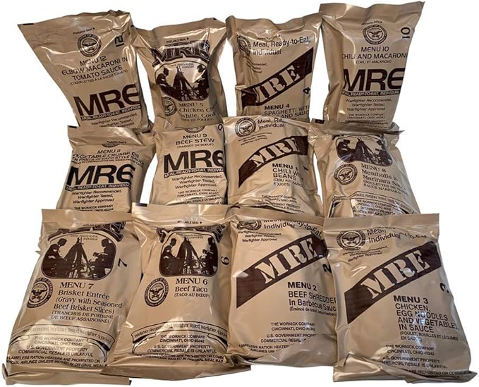 Genuine Previously Issued Military Ruck Sack - Military MRE Go Bag - 2021 Inspection Date - 24 Military MREs (2 Cases) with US Flag Patch (MOLLE ACU Ruck)