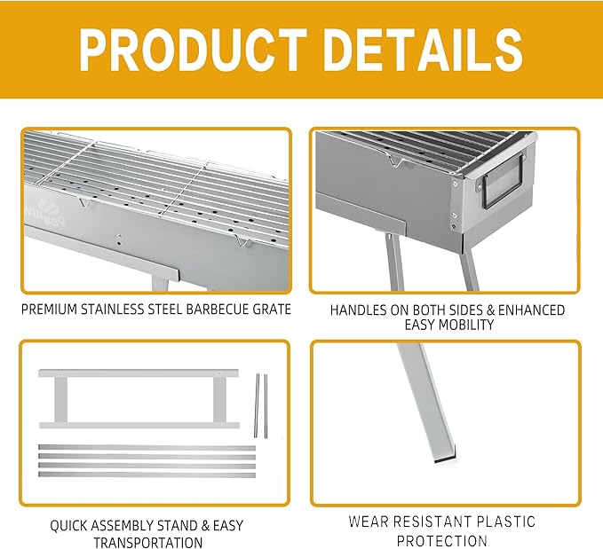 WILLBBQ Charcoal Grills Commercial Quality Portable Hibachi BBQ Lamb Skewer Detachable‌ Camping Barbecue Grill for Backyard Outdoor Cooking Use(31.6x7.1x5.1 inch)