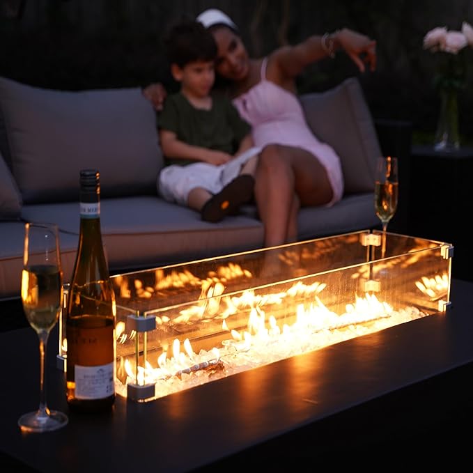 NAGA HABNA 56 Inch Propane Fire Pit Table Rectangle Outdoor Fire Table w Tank Table (50000 BTU) 3 Piece Gas Fire Pit in Black w Glass Wind Guard and White Fire Glass for Garden Pool Backyard
