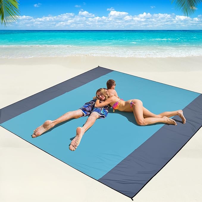 WIWIGO Beach Blanket Waterproof Sandproof Beach Mat 79 X 83/10'x9'for 2-8 Adults Quick Drying Outdoor Picnic Mat Beach Accessories for Travel Camping Hiking