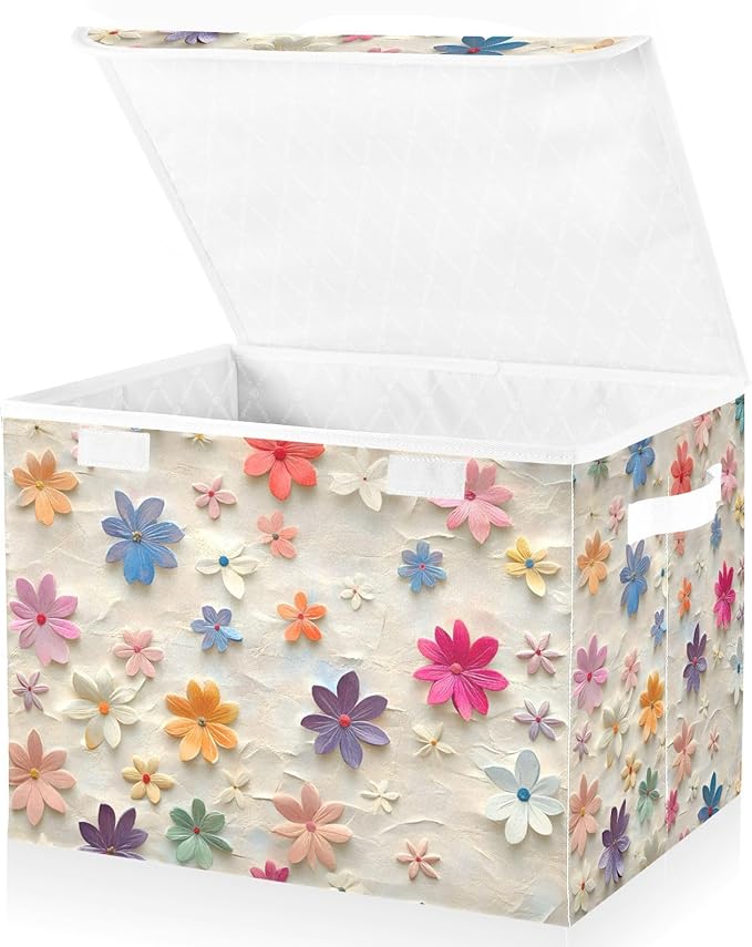 Storage Cube with Lid Cute Florals Print 16.5×12.6×11.8 IN Collapsible Large Capacity Foldable Storage Basket Bin Organizer