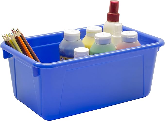 Storex Small Cubby Bins – Plastic Storage Containers for Classroom with Non-Snap Lid 12.2 x 7.8 x 5.1 inches Blue 5-Pack (62408A05C)