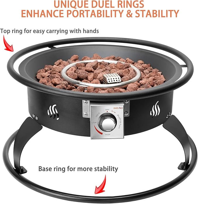 ONLYFIRE OUTDOOR LIVING Propane Gas Fire Pit 22¡± Portable Smokeless Fireplace with 12Ft Hose &amp Lava Rocks FirePit for Patio Backyard Bonfire Camping RV Tailgating Beach Party 55000BTU #FP001