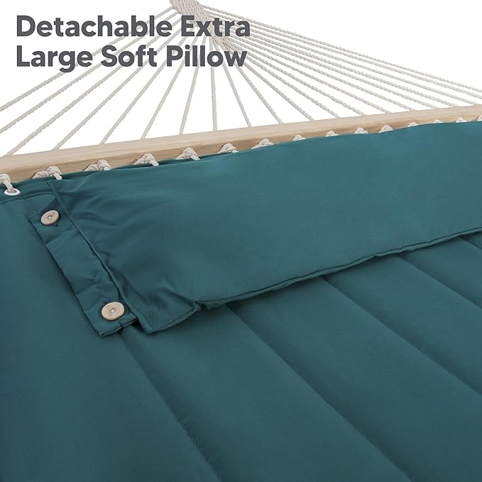 SUNCREAT Hammocks Extra Large Double Hammock with 12 ft Stand for Outside 475lbs Capacity Outdoor Portable Hammock with Hardwood Spreader Bar Extra Large Pillow Dark Green