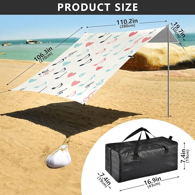 ALAZA Colorful Music Note Love Beach Tent Sun Shelter Portable Canopy Sunshade for Outdoor Camping Picnics Backyard Fun 10x9 ft