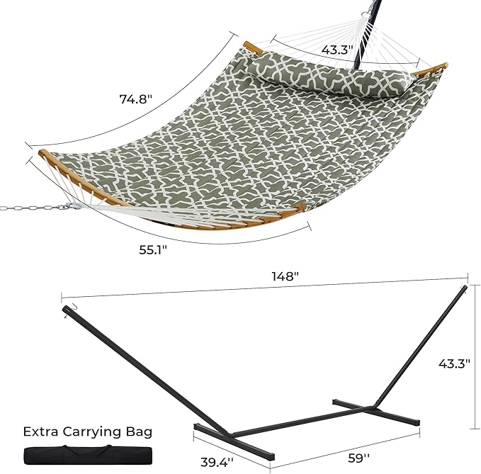 SUPERJARE Hammock with Stand 2 Person Heavy Duty Hammock with Padded Cotton Detachable Pillow &amp Strong Curved-Bar &amp Portable Carrying Bag Perfect for Outdoor &amp Indoor Grey with White F
