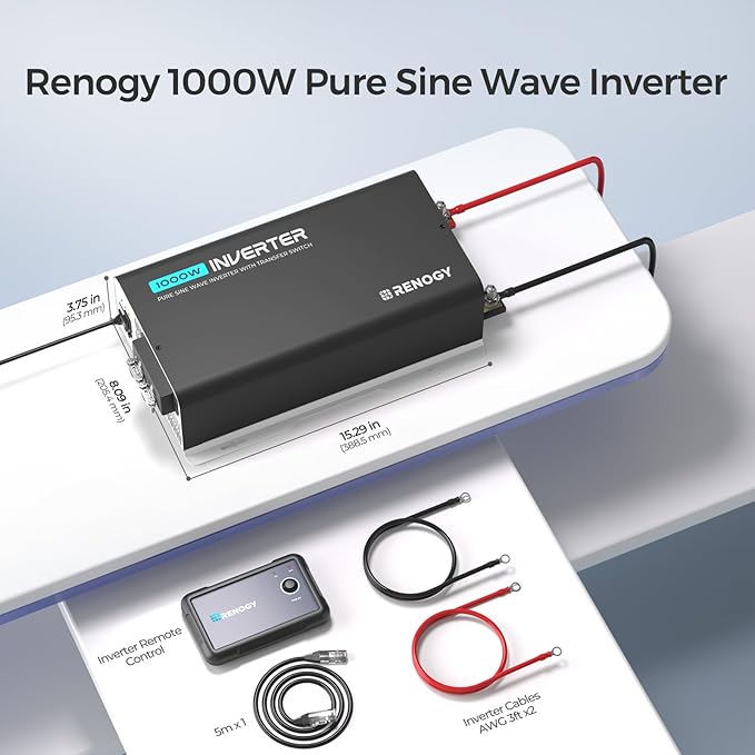 Renogy Inverter PUH 1000 watt Pure Sine Wave Inverter Built-in Transfer Switch and Bluetooth Car Power Inverter 12V to 120V AC Converter for RV Truck Camping Home Emergency Off-Grid Living