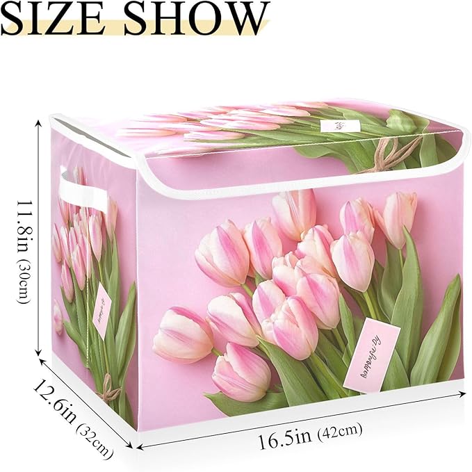 Collapsible Storage Bins with Lids Decorative Fabric Storage Cubes Closet Organizer and Storage Basket Boxes Containers for Clothes Box Chest Nursery Folding Rectangle Tulip Pink Mother's Day