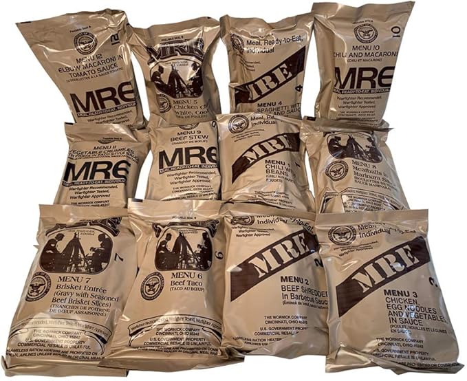 Genuine Previously Issued Military Ruck Sack - Military MRE Go Bag - 2021 Inspection Date - 24 Military MREs (2 Cases) with US Flag Patch (MOLLE ACU Ruck)