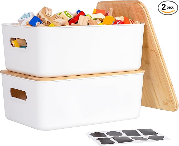 Citylife Storage Bins with Bamboo Lids 16QT Plastic Storage Containers Stackable Organizer Boxes with Handle for Desk Snacks Toys 2 PCS 15 L x 10.6 W x5.8 H