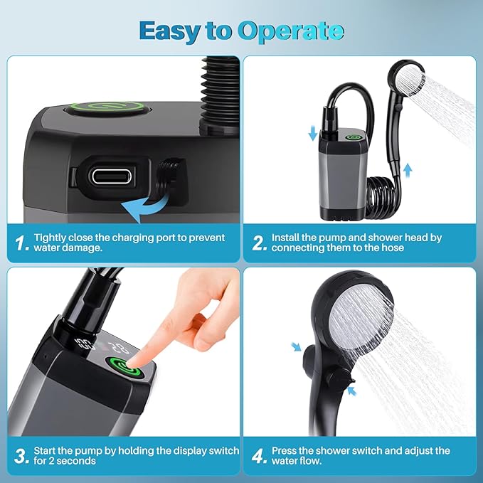 Portable Camping Shower with Heater 6000mAh Rechargeable Portable Shower with 2000W Immersion Heater LED Display Heated Camping Shower for Travel Hiking Car Pet