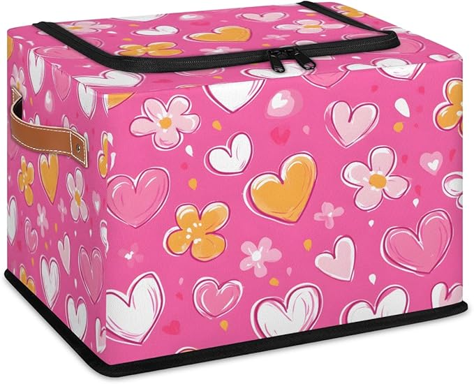 Love Heart Storage Bins with Zipper Lid Pink Yellow Fabric Lidded Storage Baskets Cubes with Handles Decorative Foldable Shelf Closet Organizer Container