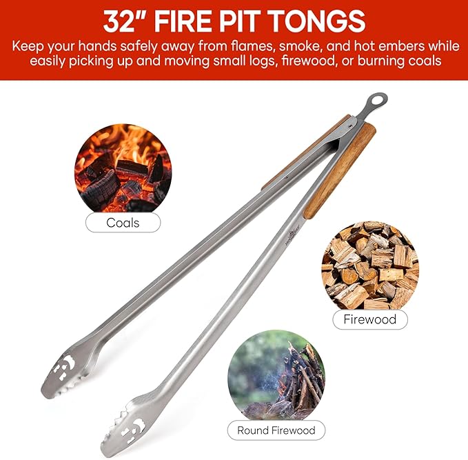 XUDAKAIXIN Fire Pit Tongs 32-inch Super Long for Loading WoodBBQ with Extended Luxurious Acacia Handle for Fire Pits Fire RingsCampfires and Fireplaces Outdoor or Indoor ﻿