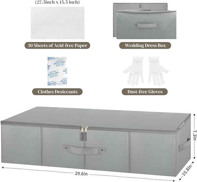 Wedding Dress Storage Box Wedding Dress Preservation Box With 50 Sheets of Acid Free Tissue Paper Microfiber Gloves and Clothing Desiccants Bridal Essentials for WeddingKeepsake (Gray)