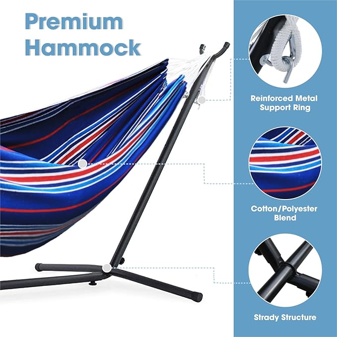 550lbs Capacity Double Hammock Adjustable Hammock Bed with 10ft Heavy Duty Steel Stand Includes Portable Carrying Case Easy Set up Blue Pinstrip B