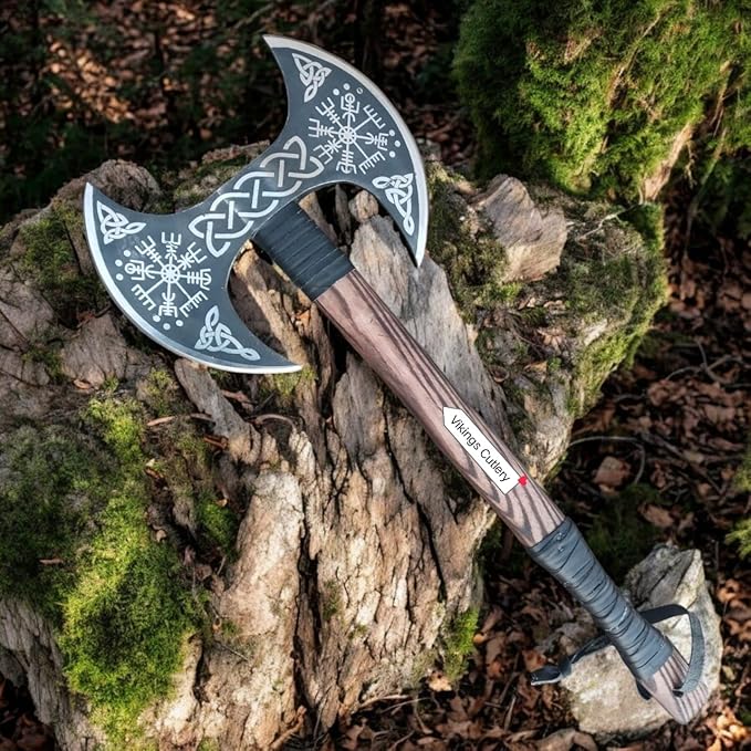 Double Head Viking Axe 27 Inch Handmade Real Viking Berserker Axe - Large Norse Axe Hand Forged Carbon Steel Axe Double Blade Ax - Hewing Broad Axe Best Gift for Men