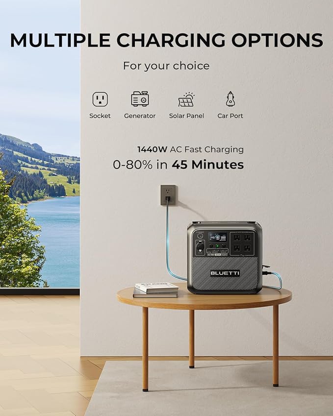BLUETTI AC180 Portable Power Station 1152Wh Solar Generator w/ 4 1800W (2700W Peak) AC Outlets 0-80% in 45 Min LiFePO4 Battery Backup for Camping (Acid to DC7909 Cable Included)