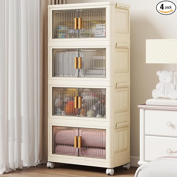 4 Tier Stackable Plastic Storage Bins with Lids 58QT Collapsible Closet Organizers and Storage with Wheels for Living RoomOfficeDorm
