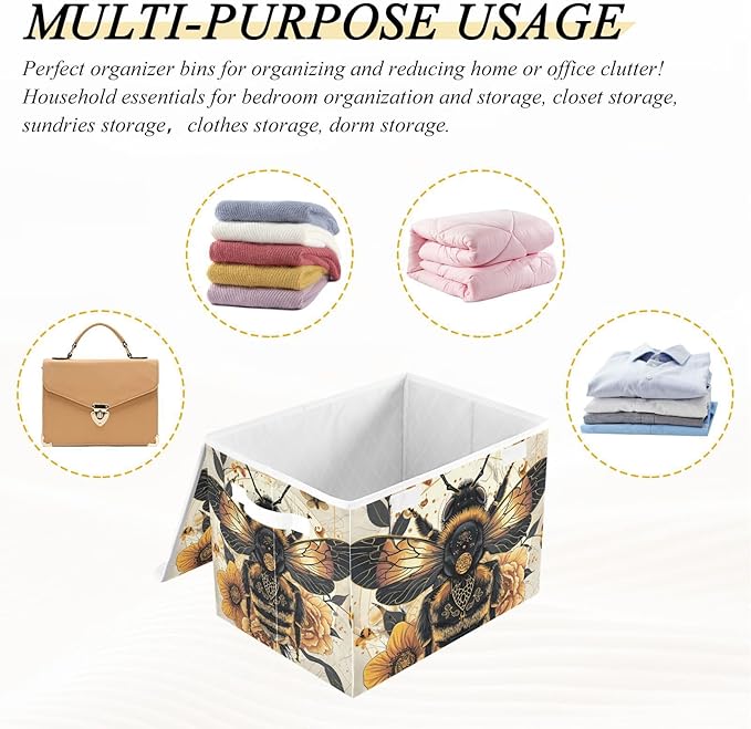 Bee Gold Floral Large Storage Bins with Linen Foldable Storage Box Fabric Closet Organizer Containers Cubes with Flip-Top Lid for Home Office 16.5” x 12.6” x 11.8”