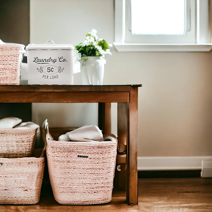 AuldHome Design Farmhouse Laundry Powder Container White Enamelware Detergent Bin w/Scoop