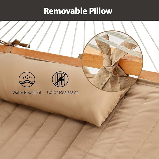 CHULIM Outdoor Double Hammock with Hardwood Spreader Bars Large Rope Hammock with Polyester Pad and Pillow 475 LBS Capacity for 2 Person Patio Backyard Poolside - Tan