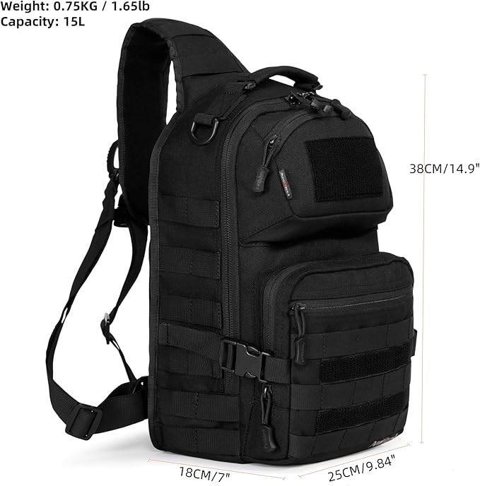 AMHEH 15L 1050D Tactical Sling Bag - Everyday Carry Crossbody Backpack with MOLLE and Concealed Back Pocket Fits 12 Laptop Black